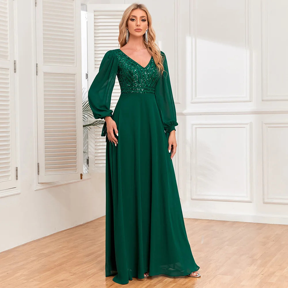 Maxi Dress Soft Satin Green V Neck Beading Long Dress High Waist