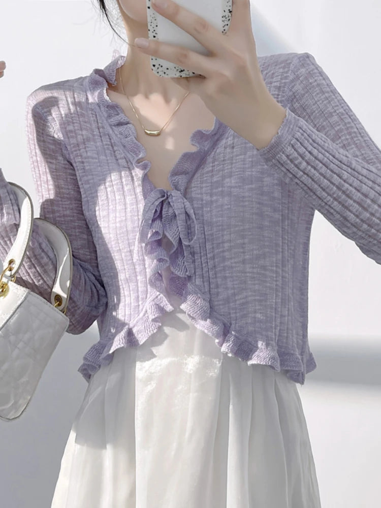 Ruffle Trim One Button Long Sleeve Crop Top Women Long Sleeve Open Front Ribbed Knit