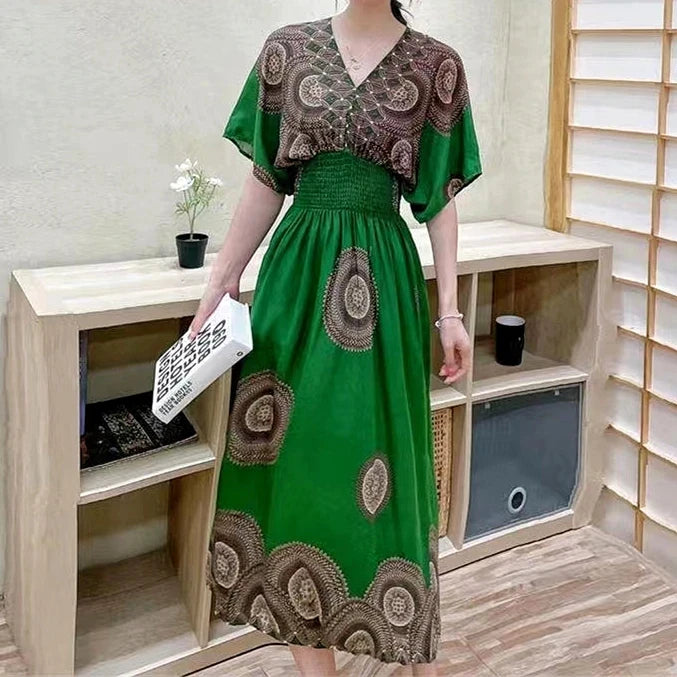 Colorful Flower V-neck Elastic Youthful Bohemian Sweet Midi Dress Woman Clothes Chic Fashion Summer Dresses