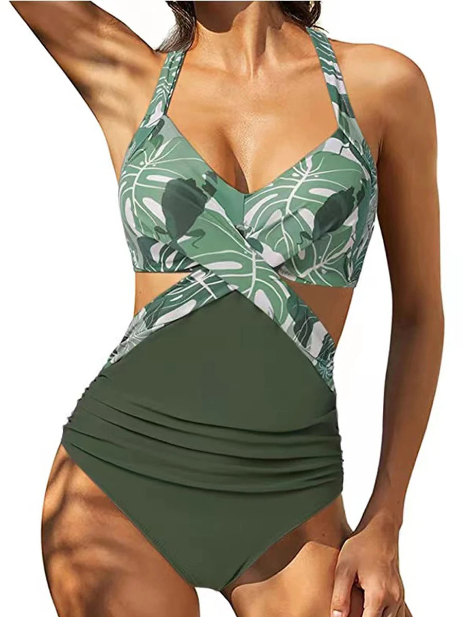 Solid Printed Swimwear Women Halter One Piece Swimsuit Female Swimming Monokini Suit Padded Beachwear