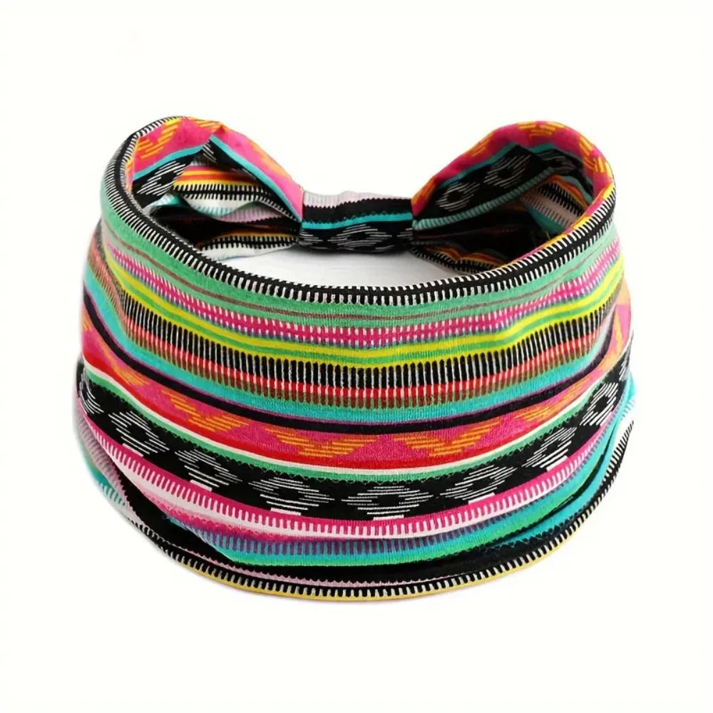 1 Pcs European American Women's Bohemian Style Elastic Headscarf Fashionable Breathable Cotton Wide Brimmed Hair Accessories
