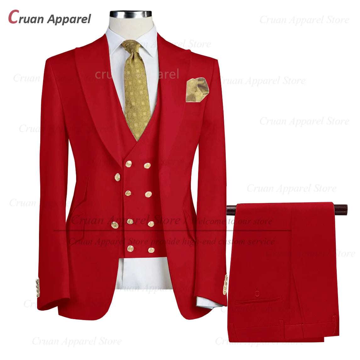 Tailor-made Brand Suits for Men Slim fit Prom Wedding Groom Tuxedo Set Party Gold Buttons Blazer Vest Pants 3 Pieces