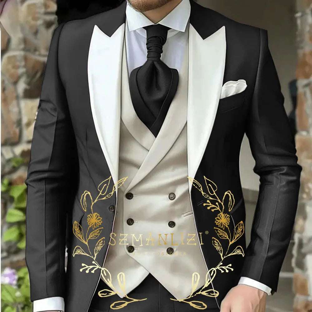 Classic Men's Suit 3 Piece Tuxedo Peaked Lapel Groomsmen Wedding Suits Set Fashion Men Business Blazer Pants Vest
