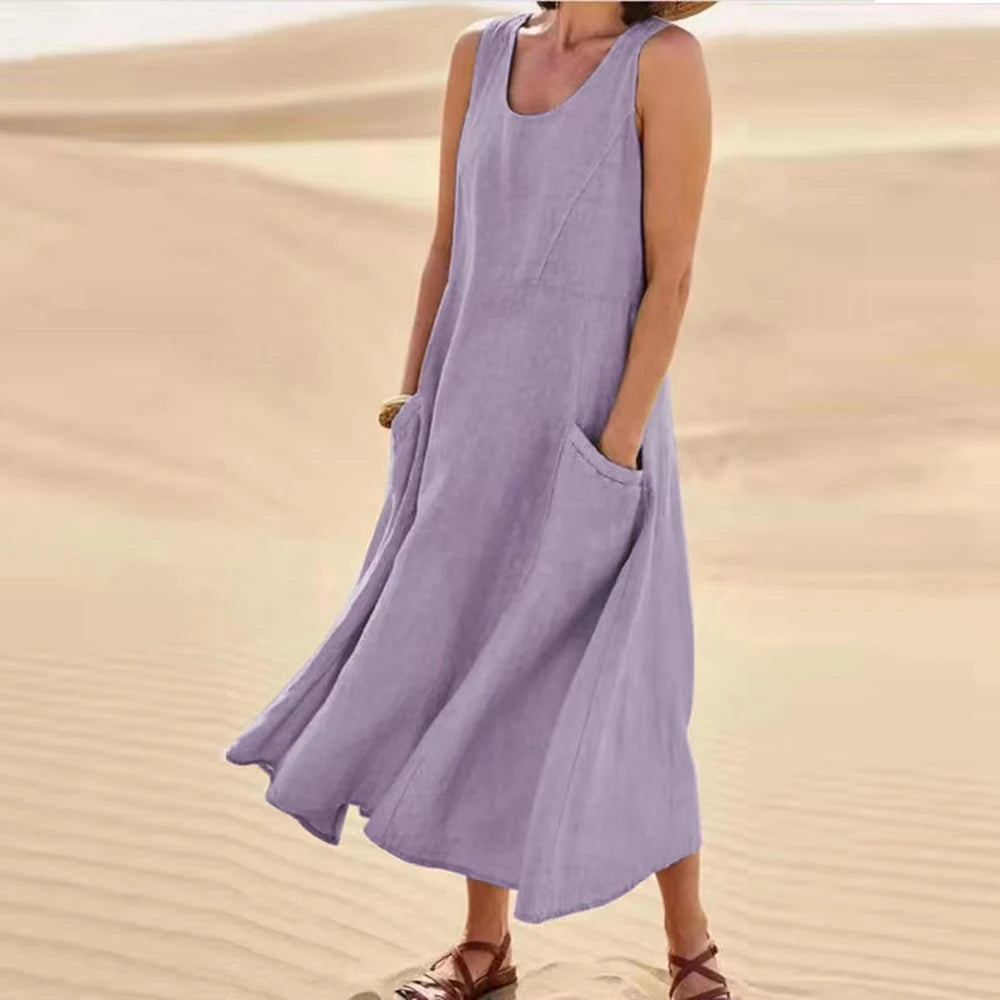 Cotton Linen Sleeveless Dress for Women Summer Pullover Fashion Female Clothing Short Sleeved Loose Long Dress
