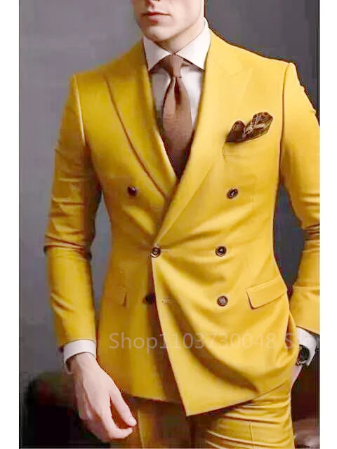 Solid 2 Pieces Men Suits Set Fashion Men's Formal Business/Wedding Groom Suits Peak Lapel Double Breasted Blazer Trousers
