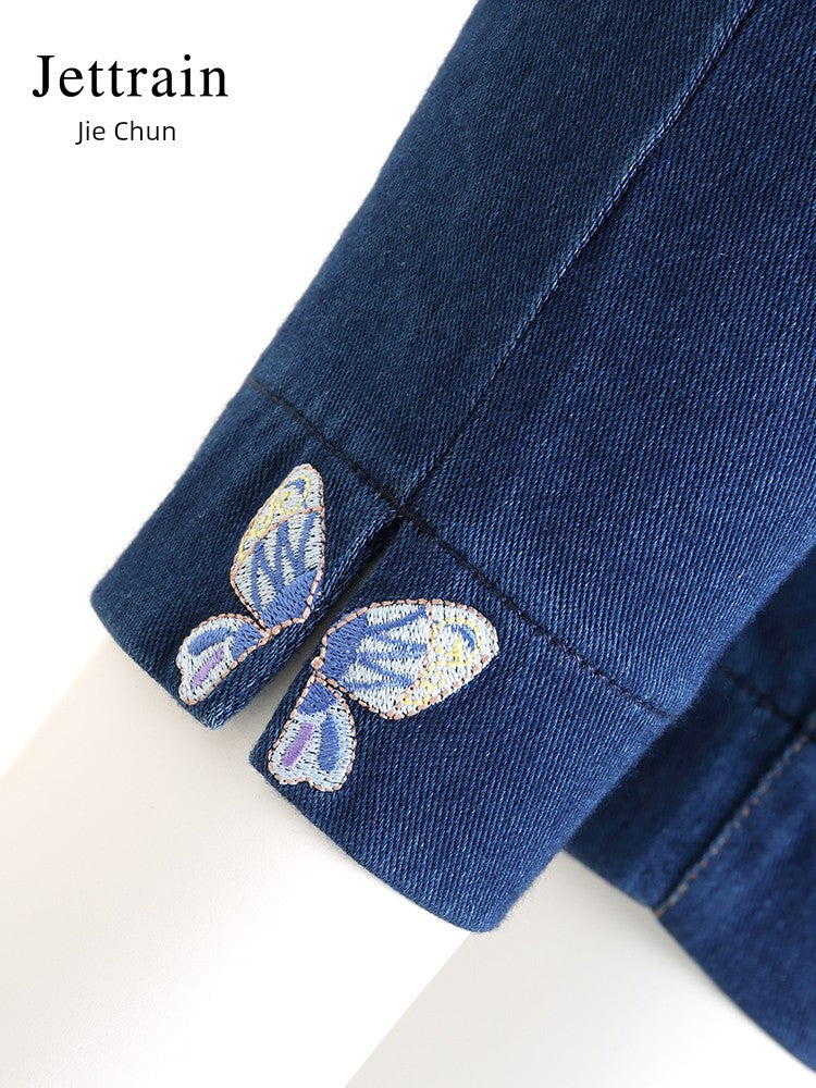 Elegance High Waist Full Elastic Waist Embroidered Butterflies Leggings Denim