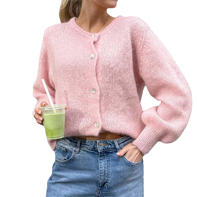 Sweaters Women Solid Color Round Neck Single Breasted Long Sleeve Cardigan Tops Warm Knitwear Streetwear