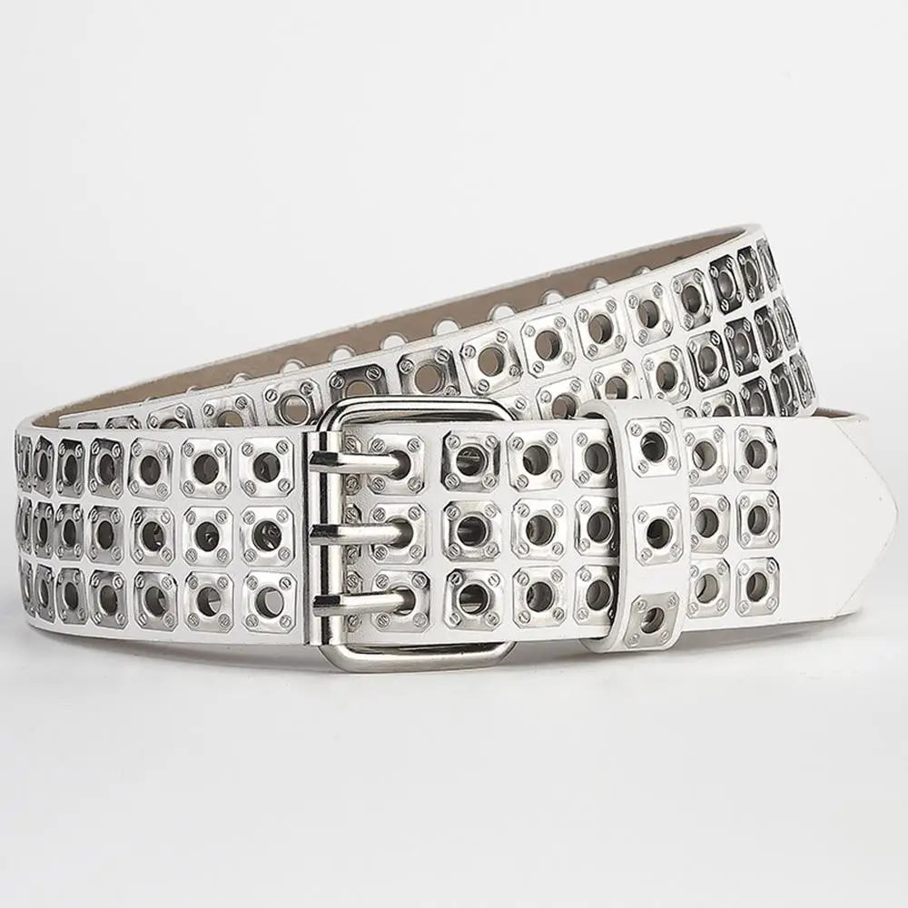 3.8cm Width PU Leather Belt With Metal Rivet Design 3 Pin Buckles Waistband Goth Belt