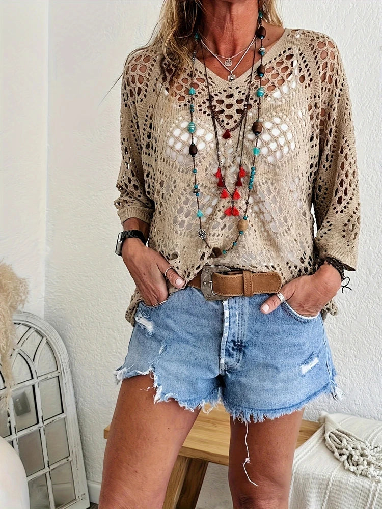 Fashionable and elegant large perforated top, women's hollow knit sweater, versatile sweater