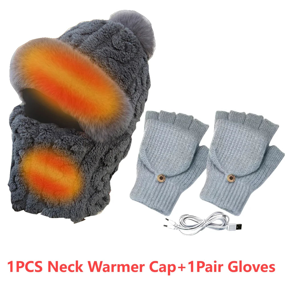 Heated Neck Warmer Cap USB Half Finger Gloves And USB Electric Plush Beanie Hat Scarf  Ear Protection Windproof Warmer Scarf Hat