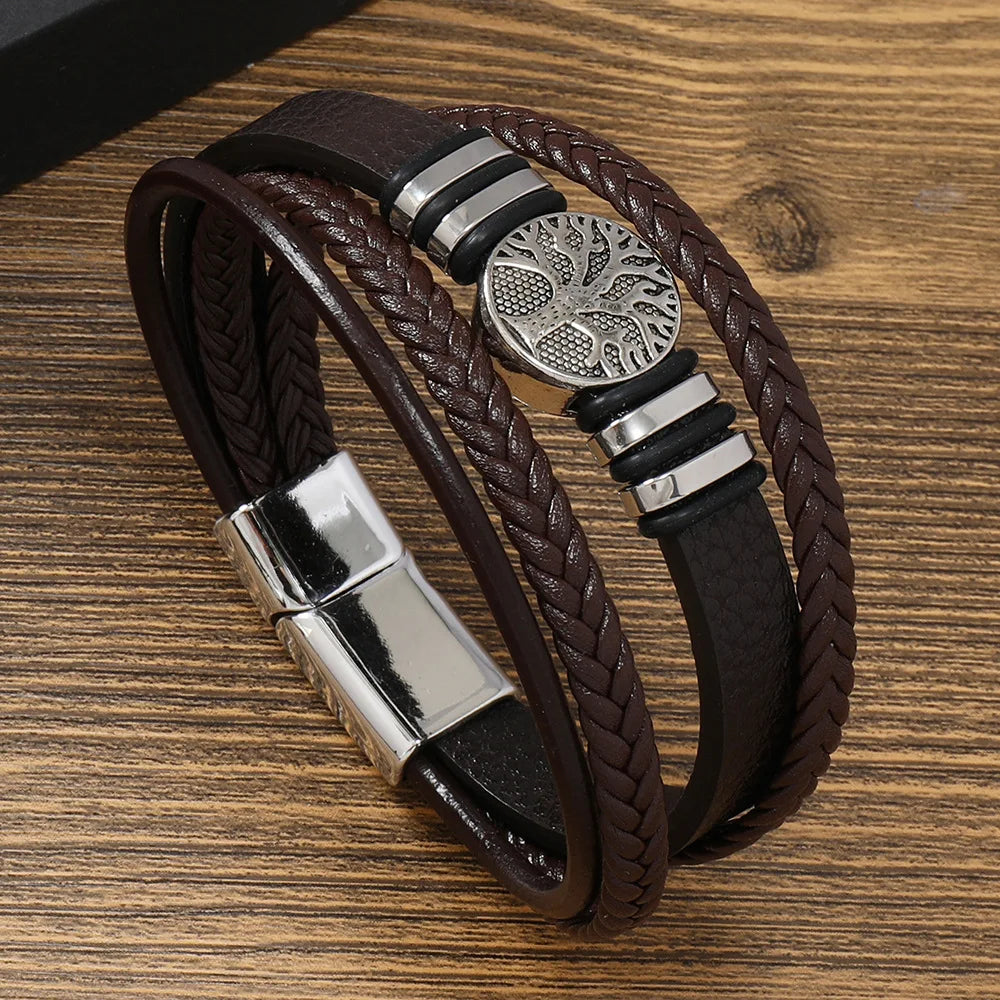 Tree Male Unique Design Trendy Vintage Cuff Men Bracelets PU Leather Bracelets Bangles for Men Jewelry