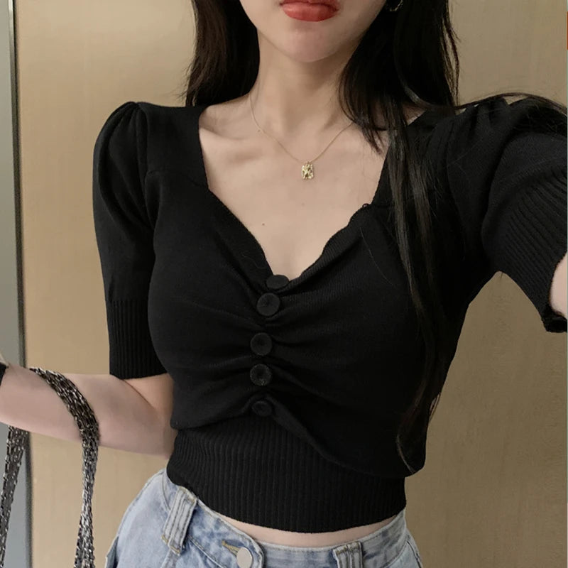 Women's Short Sleeve Knit Top with Button Front Decoration Sweetheart Neck Sweater Summer Office Knitwear Chic Elegant Outfit