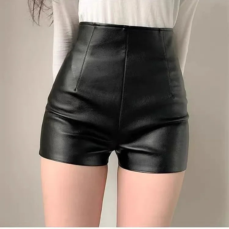High Waist  Leather Shorts with Zipper Fly