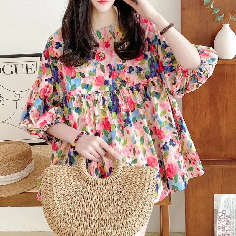 Spring Autumn  Round Neck Long Sleeve Printing Chiffon Blouses