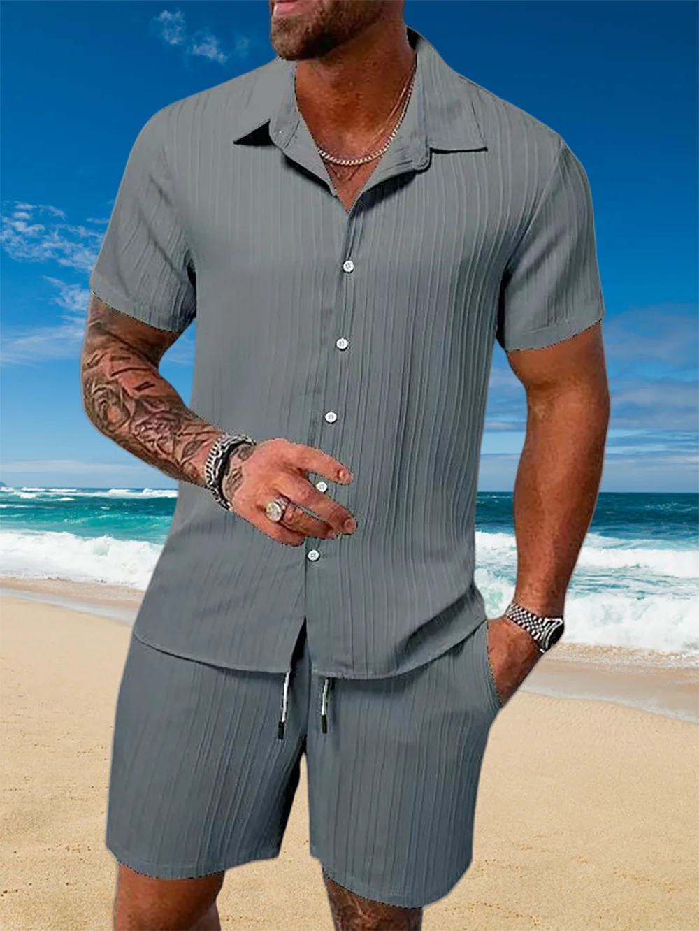 Ice Silk Cool Summer Men's Solid Color Polo Casual Loose Short Sleeve Shorts Sport Set Beach Surfing Ultra-thin Ultra Light