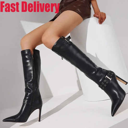Sexy  Knee High Boots Buckle Rivet Design Pointed Toe Thin Heel Shoes