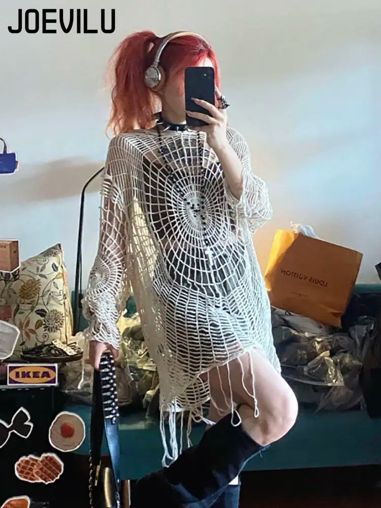 Hollow Knit Hooded  Goth Spider Web Sweater