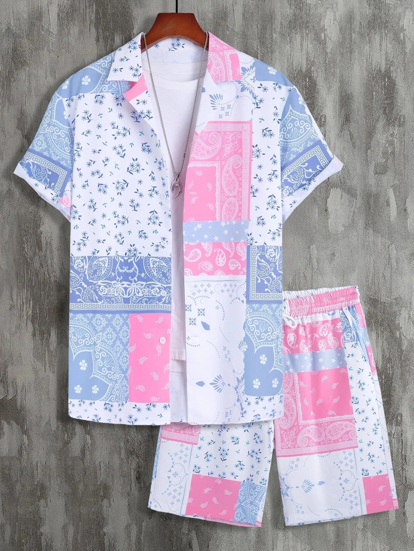 Men Sets Print Patchwork Lapel Short Sleeve Casual Shirt Beach Shorts Summer Streetwear Vacation Hawaiian Suits Men S-5XL