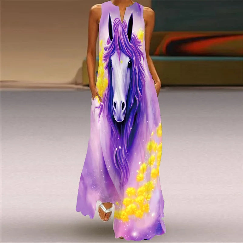 Vintage Print Maxi Dress For Women Summer Loose Sleeveless Long Dresses Elegant Lady V Neck Pocket Boho Beach Sundress Vestidos