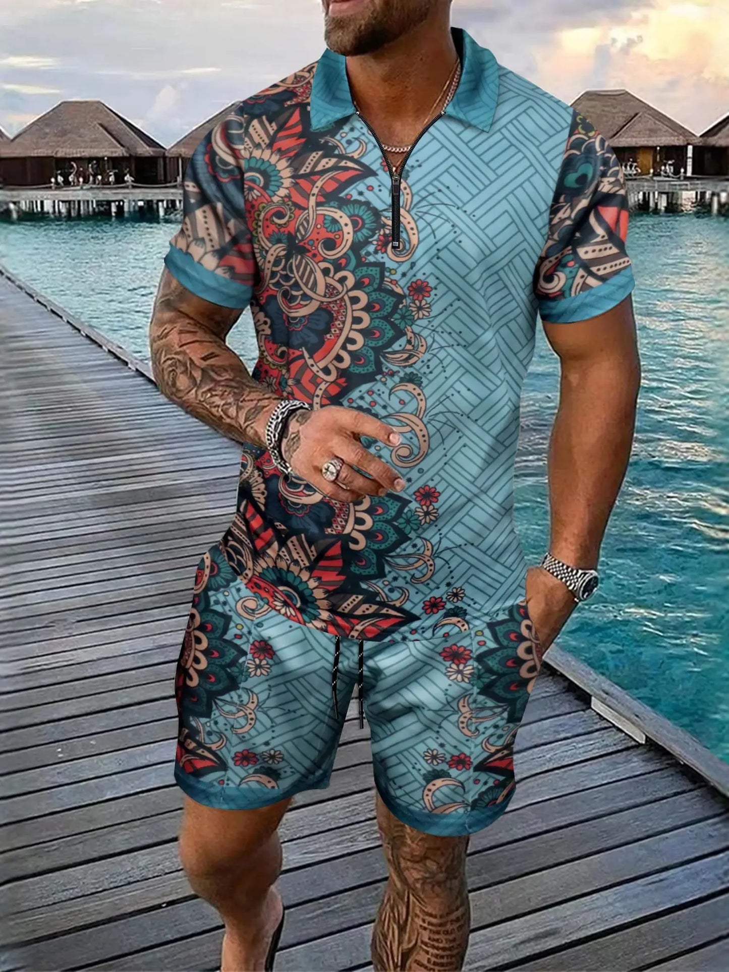 European And American  Summer Men's Loose Fashion Print Casual mixed Short-sleeved T-shirt And Shorts Set