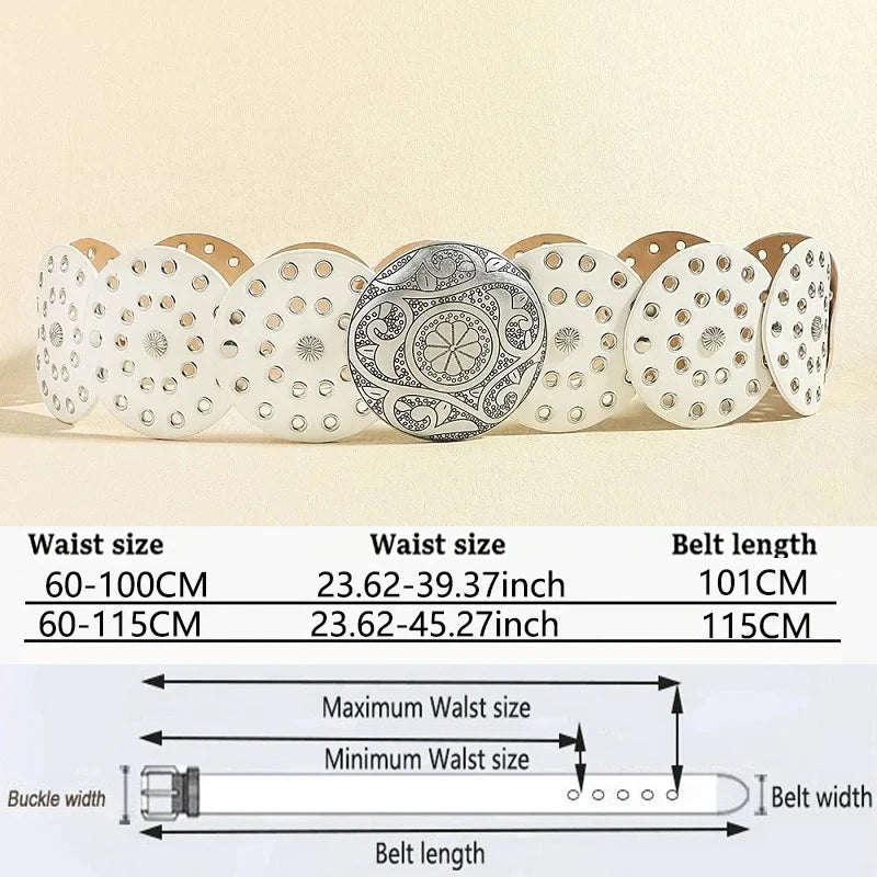 Women's Western Denim Belt High Quality Metal Hollow Ladies Trend Wide Waistband Vintage Personalized Round Belts