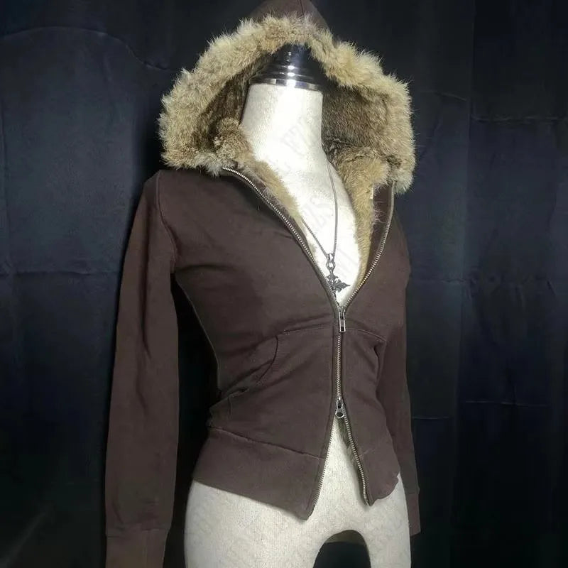 Sweater Fashion Oversized Knit  Vintage Streetwear Fur-lined hood