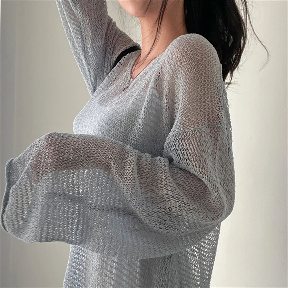 Women's Lazy Style Full Sleeves Jumpers Tops Hollow Out Sexy Women Fashion Casual Streetwear Chic Femme Sweaters Pullovers