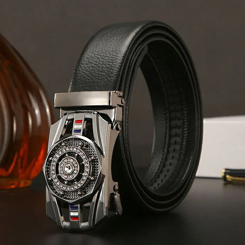 Business Time To Run Belt  Automatic Buckle Leather Belt Silver Waist Buckle Males Luxury Belt Rhinestone Decoration