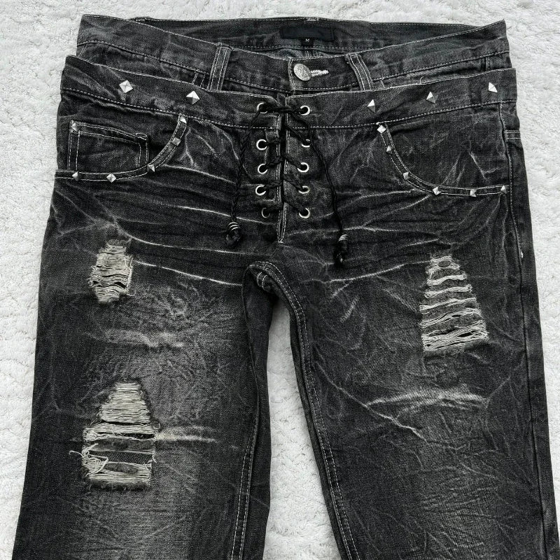 High Waisted Jeans vintage Embroidery high quality  Double Waisted Lace Up Women Jeans Goth Design Sense Trousers streetwear