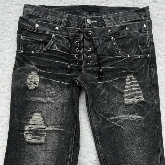 High Waisted Jeans vintage Embroidery high quality  Double Waisted Lace Up Women Jeans Goth Design Sense Trousers streetwear