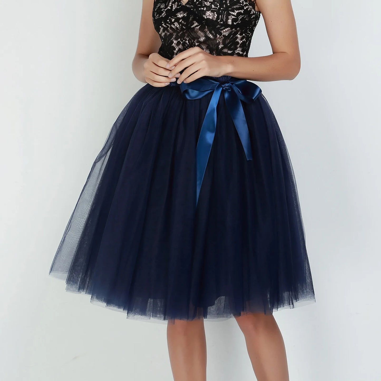 Knee Length Women A-Line Tulle Skirts Lace Up Multi Layered Tulle Petticoat Midi Skirt
