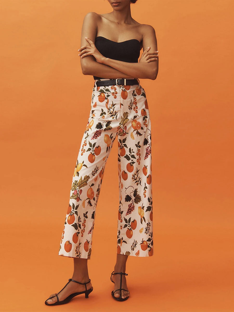 Women High Waisted Wide Leg Denim pants with Fun Floral Print Detailing for Chic Office and Street Style Wear