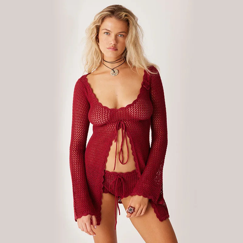 Women s Beachwear Cover Up Hollow Out Crochet Long Sleeve Tie-Up Swimsuit Coverup Solid Color Bathing Suit Cover Ups Summer