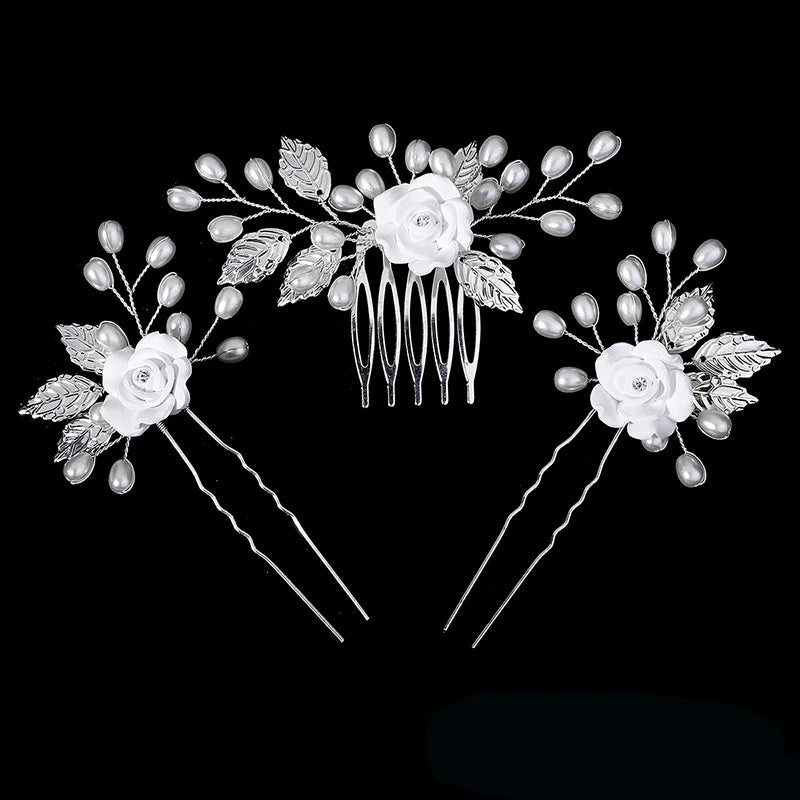 Luxury Pearls Flower Hair Comb Hair Pins Clips Set Cute Hair Fork Headpieces for Women Jewelry Gift Hair Accessory