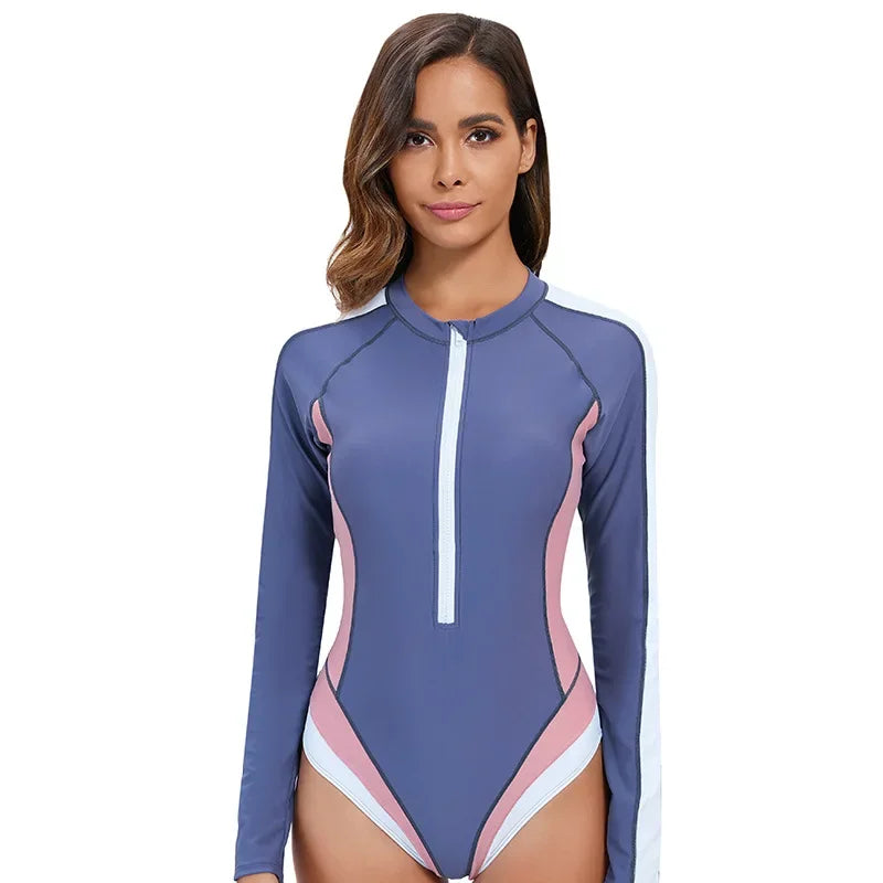 Long Sleeved Sun Protection One-piece Sports Swimsuit for Women High Elasticity Slim Zipper Sports Surfing Suit