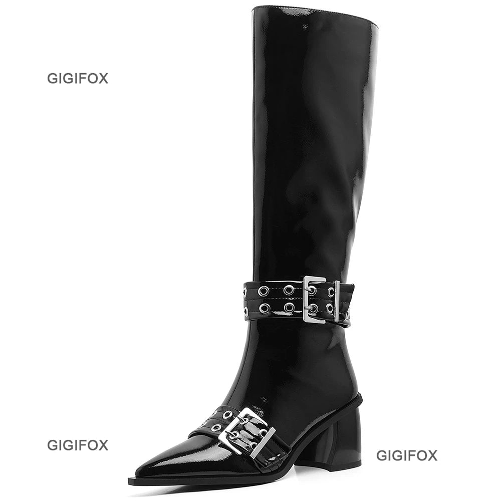 Pointed Toe Women Zipper Knee-high Boots Chunky High Heel Patent Leather Metal Buckle Shoes
