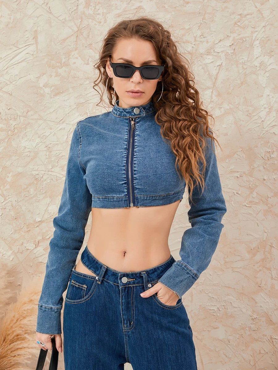 Distressed Cropped Denim Jacket with Zippered Closure Casual Jean jacket