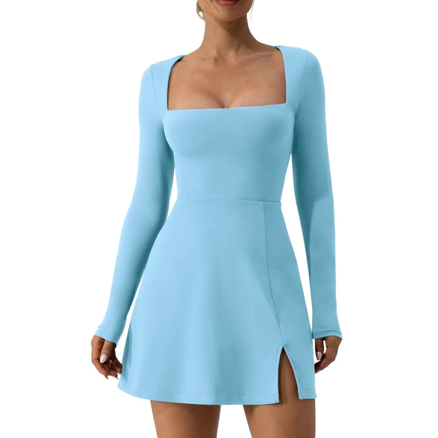 Short Dress Solid Color Long Sleeve Square Neck Split Hem Party Dress