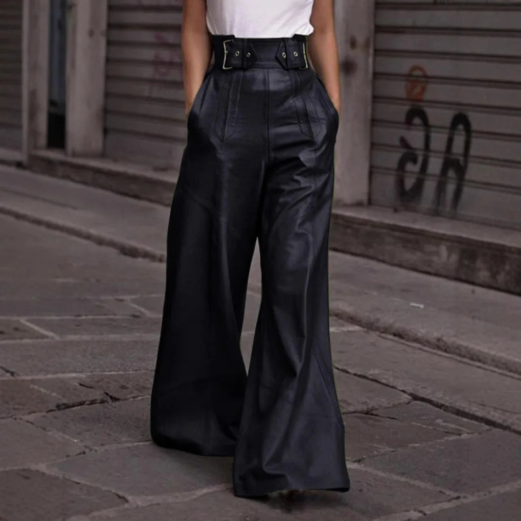 Casual Loose Leather Pants High Waist Wide Legs Solid Pocket Flare Pants
