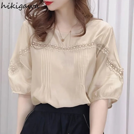 Vintage Blouse  Short Sleeve O-neck Patchwork Lace Chiffon