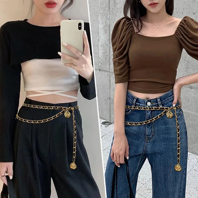 High Quality Metal Waist Chain Belts For Women Round Flower Pendant Chain Strap Rope Female Fine Waistband