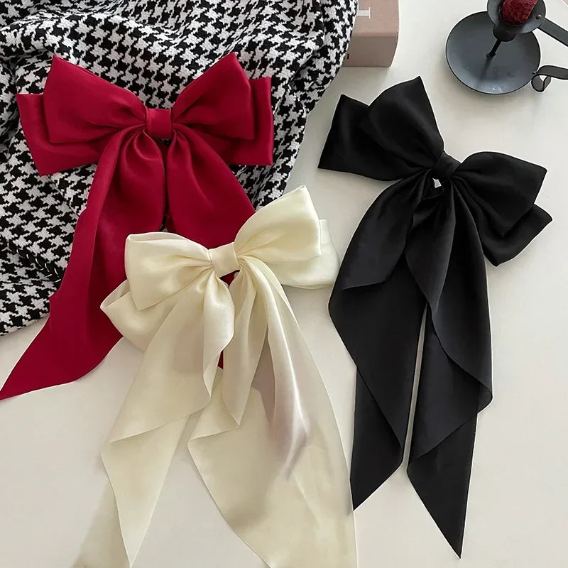 Hair Clips for Women  Big Bowknot Solid Satin Long Ribbon Bows Spring Clamp Barrette