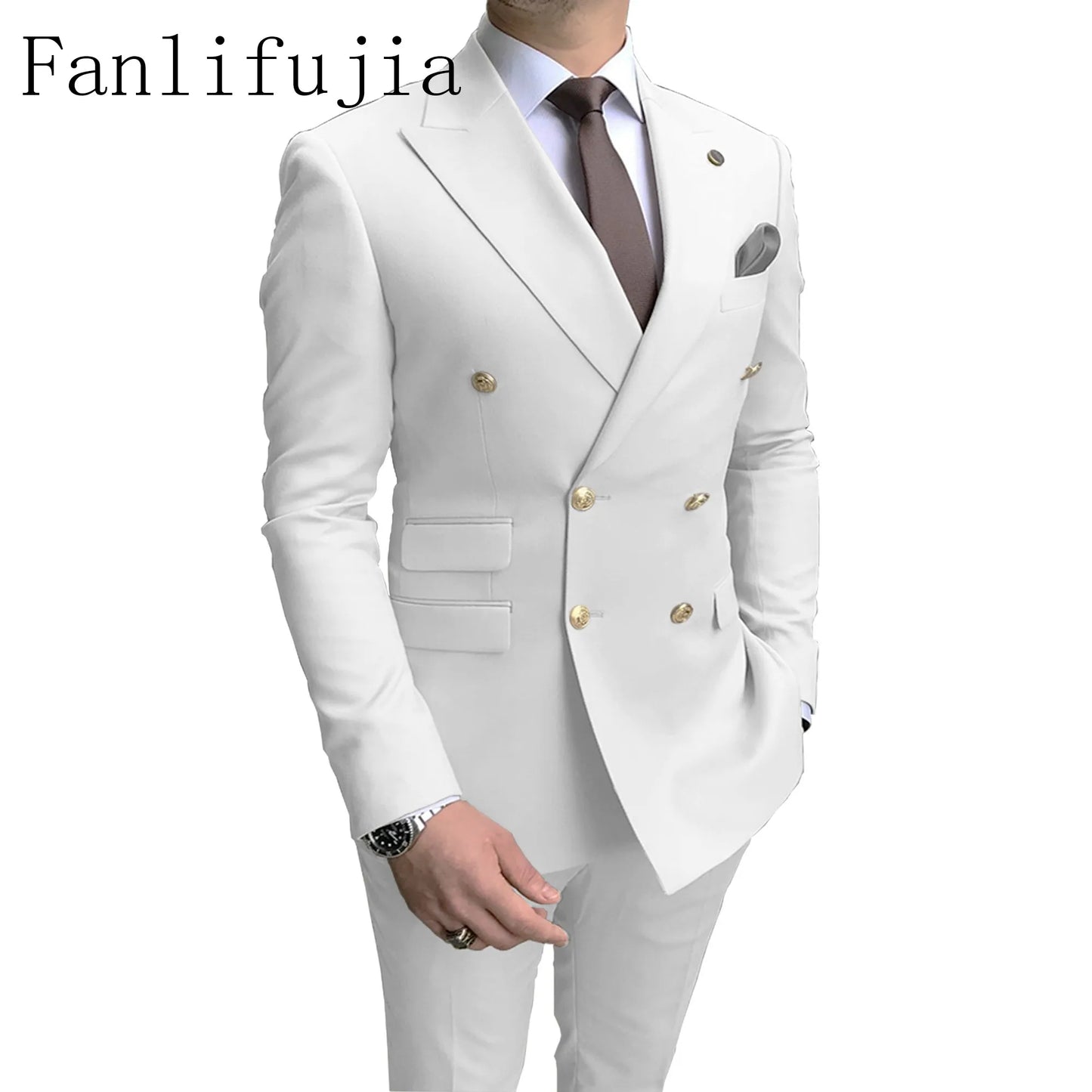 Men's Party Tuxedos 2 Pieces Latest Peak Lapel Men Suits Gold Buttons Fashion Style Suits Double Breasted