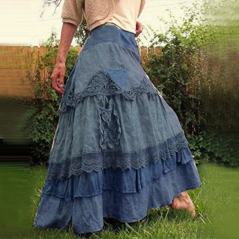 Vintage Ruffles  Maxi  Lace Long  Low Waist Prairie Chic Dropped Skirt