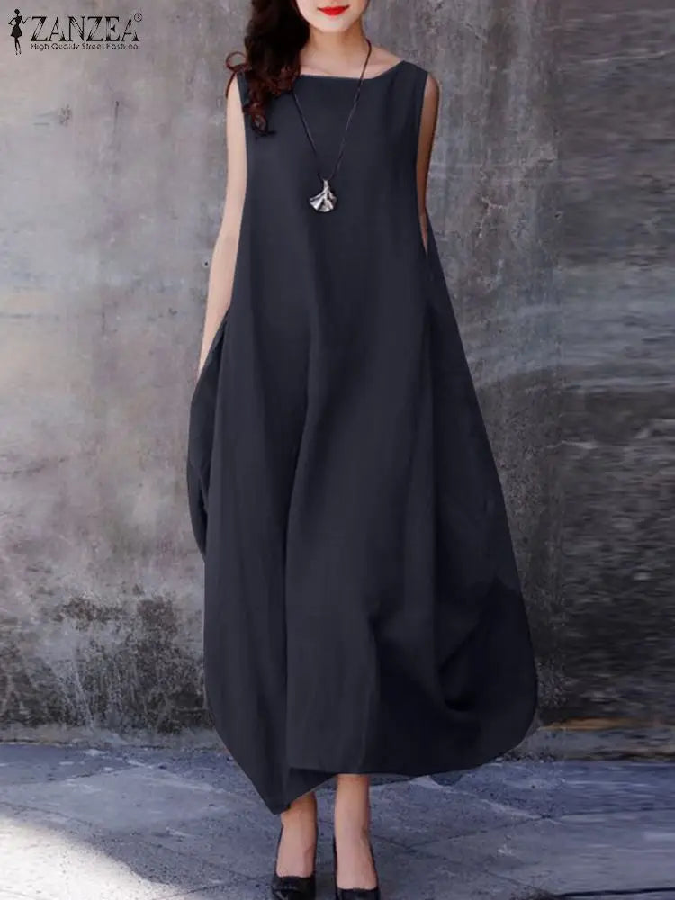 Fashion Summer Dress Women Oversized Maxi Dresses Casual Loose Solid Cotton Sleeveless O Neck