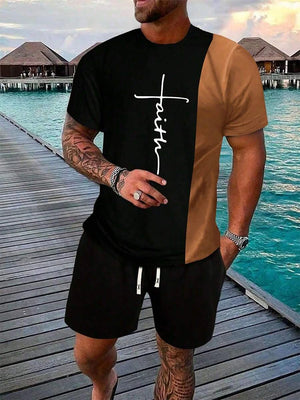 Urban street fashion trend men's crew neck short sleeve suit outdoor simple crew neck top casual and comfortable shorts