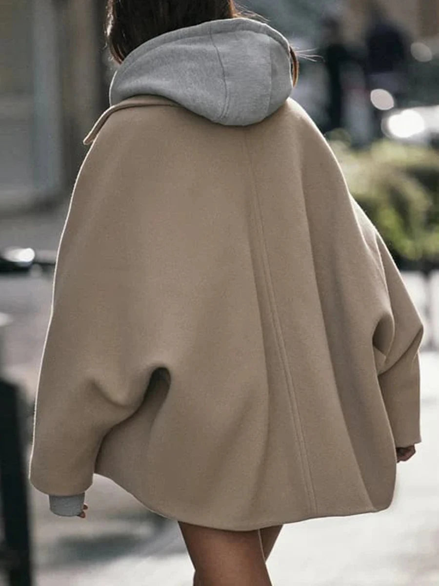 Winter Oversized Wool Jacket with Batwing Sleeves and Lapel Collar Button Closure Solid Color Loose Fit Coat