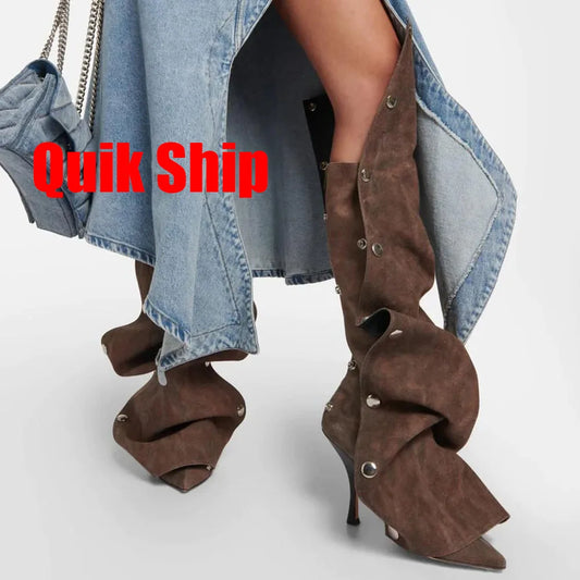 Knee High Fold Over Boots Stiletto High Heels Pointed Toe Back Zipper  Adjustable Buckle Mid-calf Boots