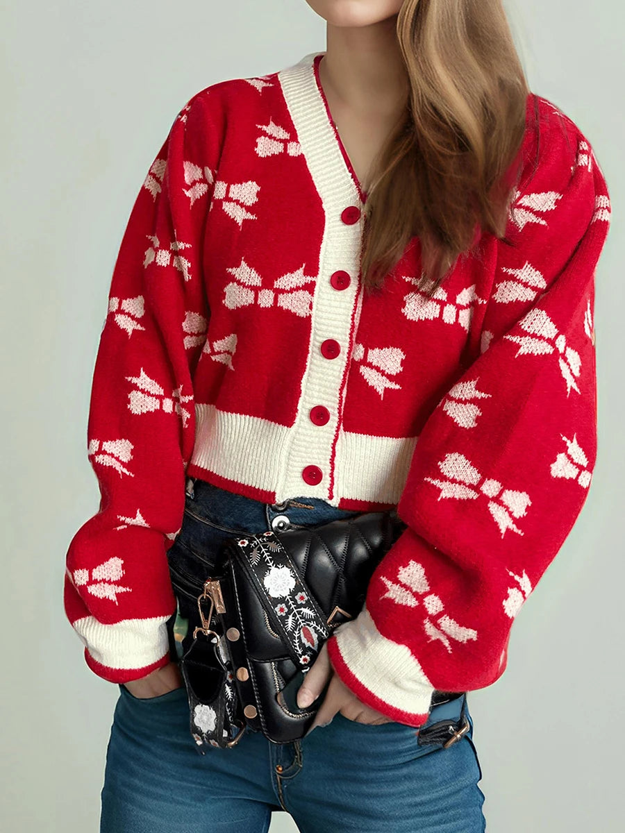 Women s V-Neck Button Up Cardigan with Long Puff Sleeves and Bow Print Detail - Cozy Knit Sweater