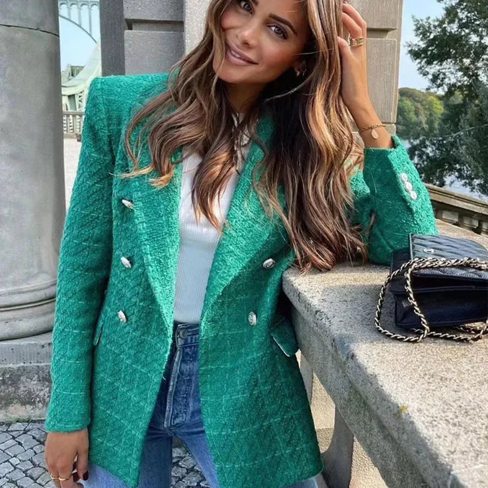 Autumn Women's Clothing Style Fashionable Versatile Texture Double breasted Mid length Suit Coat